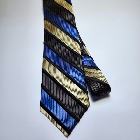 Hilary Radley Necktie Men's Blue Black Gold Striped Silk Made in Italy - Picture 2 of 5